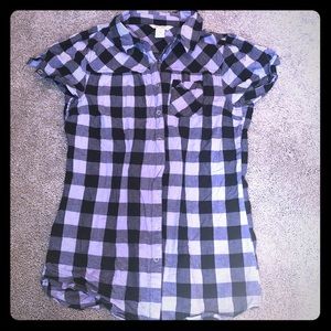 Button-down purple & black plaid short-sleeve top